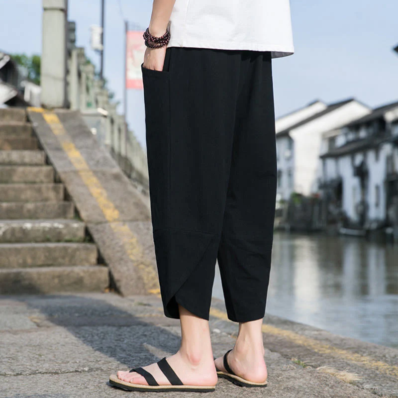 Buddha Stones Summer Casual Simple Plain Tapered Design Drawstring Men's  7-8 Length Cotton Linen Pants With Pockets