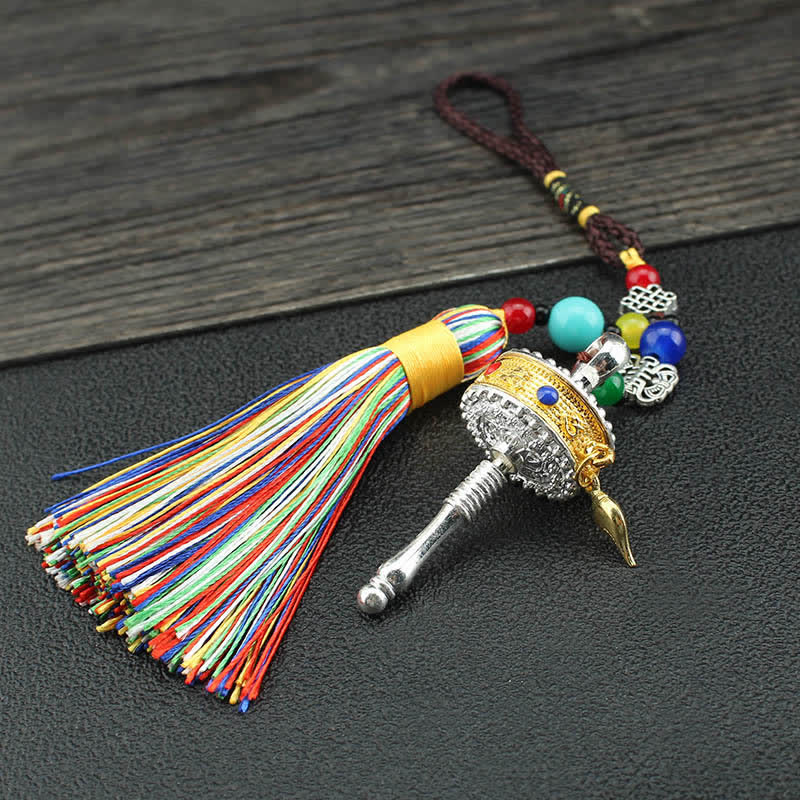 Buddha Stones Tibet Om Mani Padme Hum Prayer Wheel Tassel Bag Car Hanging Decoration