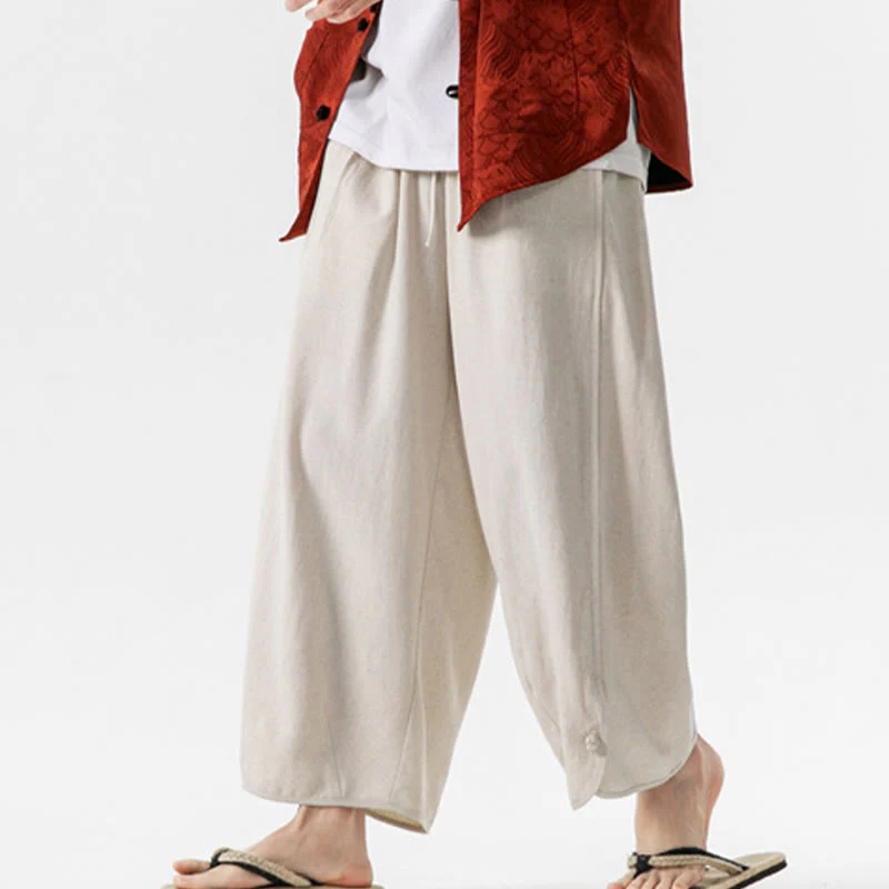 Buddha Stones Casual Loose Frog-Button Plain Men's Cotton Linen 7-8 Length Pants With Pockets