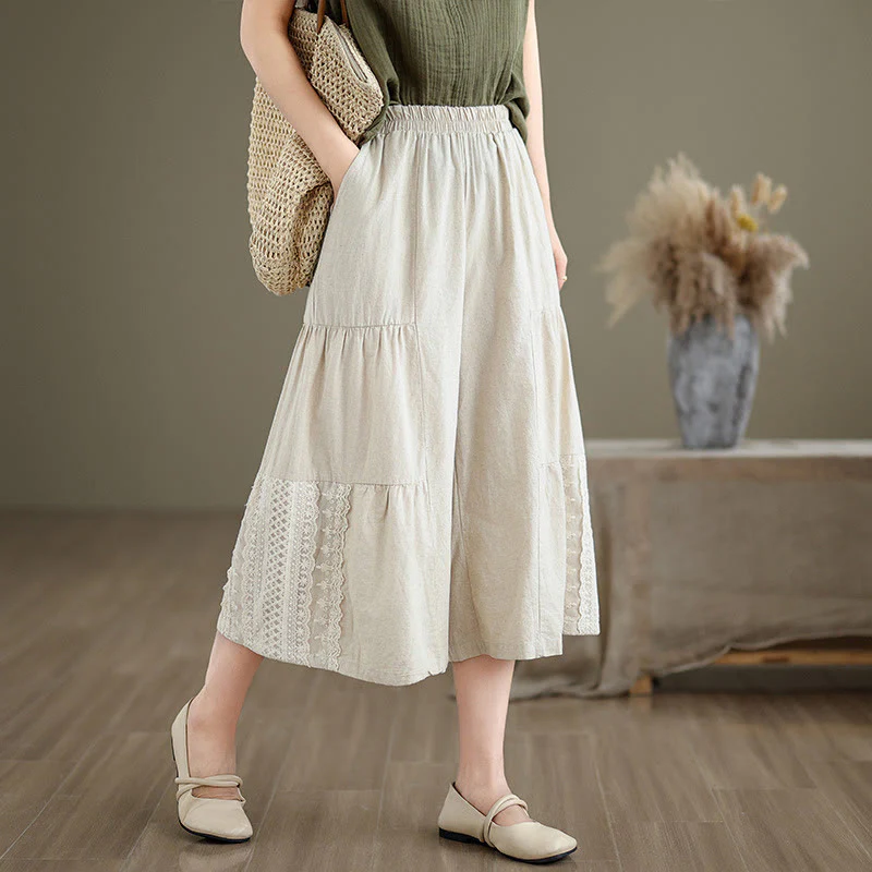 Buddha Stones Casual Plain Lace Splicing Cotton Linen Women's Cropped Wide Leg Pants With Pockets