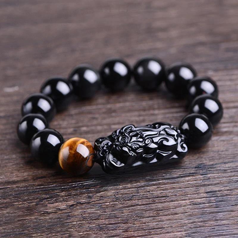 Buddha Stones Natural Black Obsidian PiXiu Tiger's Eye Strength Bracelet