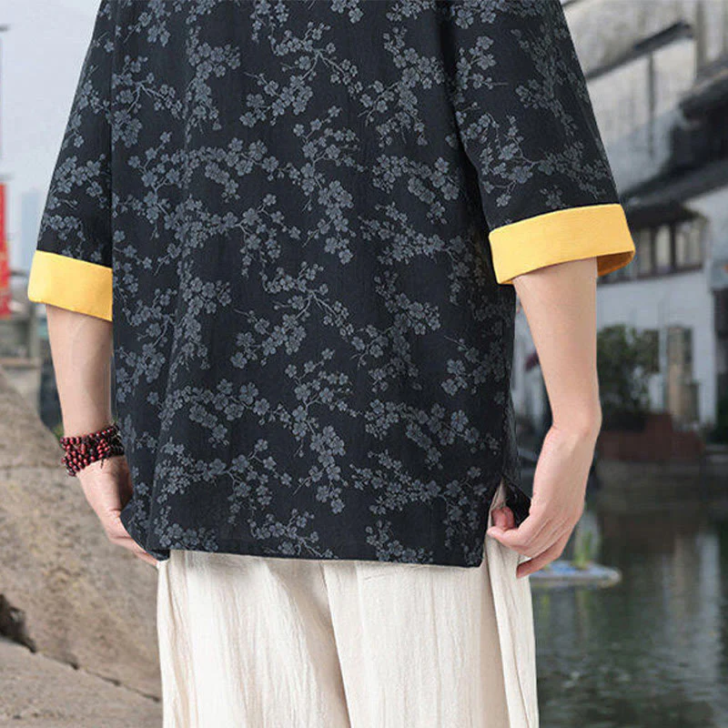 Buddha Stones Retro Printing Flower Pattern Frog-Button Design Stand Collar Men's Half Sleeve Cotton Shirt With Pockets