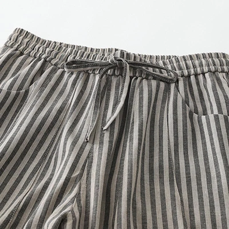 Buddha Stones Commute Striped Drawstring Design Women's Wide Leg Cotton Pants With Pockets