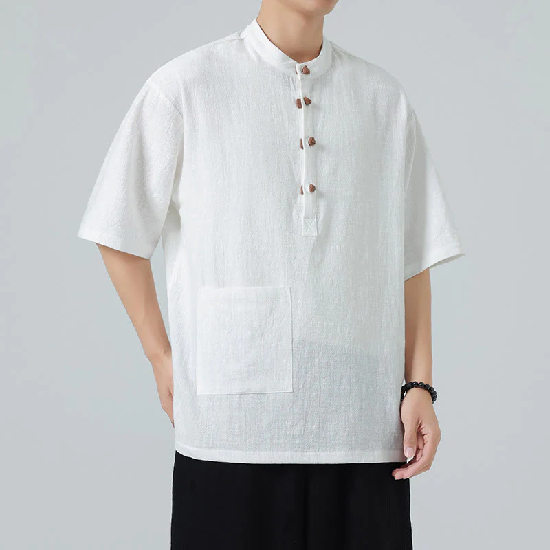 Buddha Stones Casual Half Frog-Button Design Stand Collar Tang Suit Men's Half Sleeve Cotton Shirt With Pocket