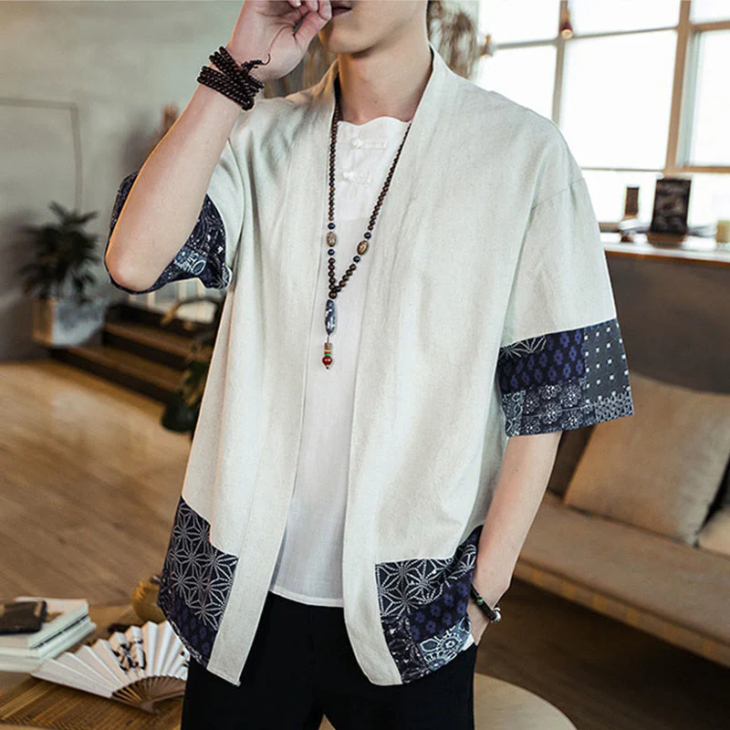 Buddha Stones Ethnic Printing Patchwork Design Open Front Jacket Cotton Linen Men's Kimono