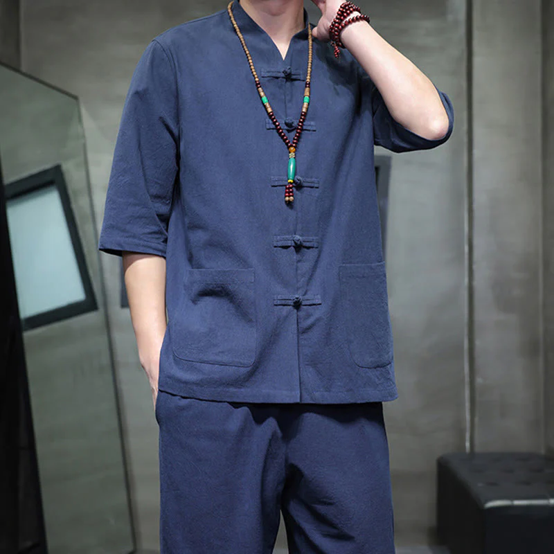 Buddha Stones 2Pcs Tang Suit Frog-Button Design Shirt Pants With Pockets Men's Cotton Linen Meditation Cloth Set