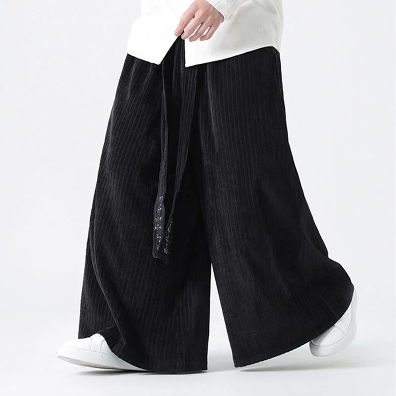 Buddha Stones Casual Embroidery Drawstring Design Men's Corduroy Wide Leg Pants With Pockets