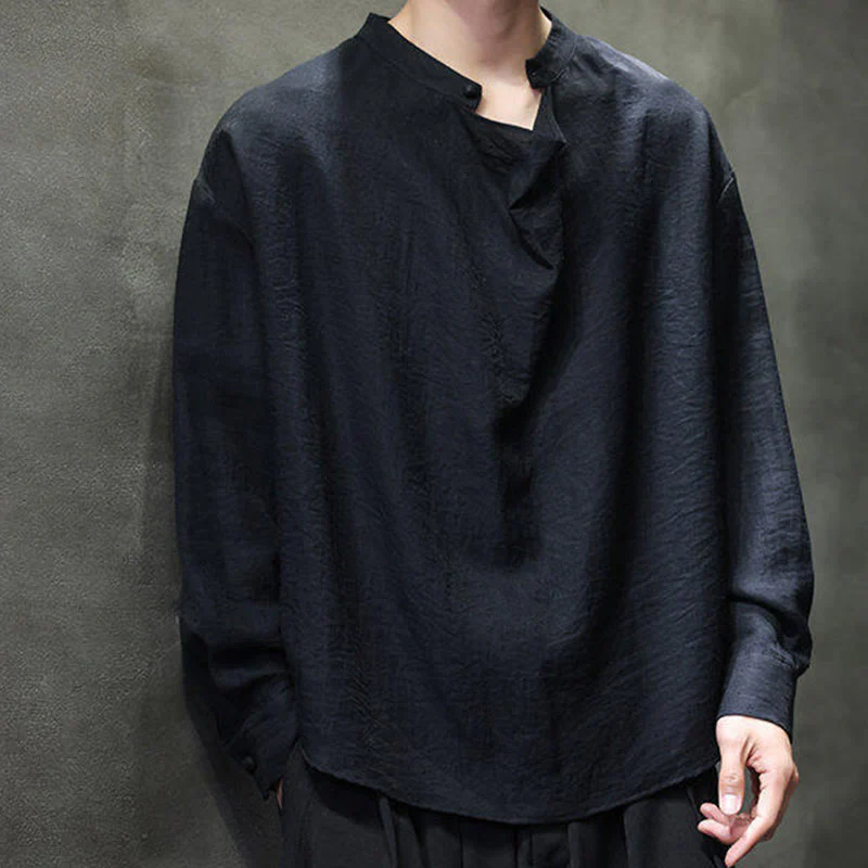 Buddha Stones Spring Solid Color Pleated Stand Collar Design Tang Suit Men's Long Sleeve Linen Shirt