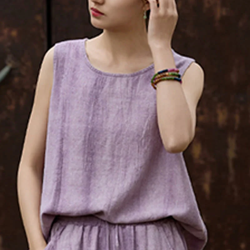 Buddha Stones Summer Tie-dye Linen Crew Neck Sleeveless Women's Vest