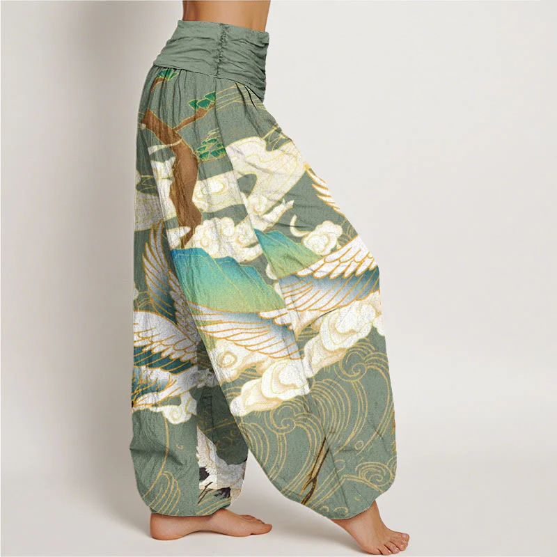 Buddha Stones Flying Cranes Auspicious Clouds Tree women's Elastic Waist Harem Pants