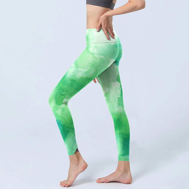 Buddha Stones Green Ink Wash Pattern Gym Leggings Women's Yoga Pants