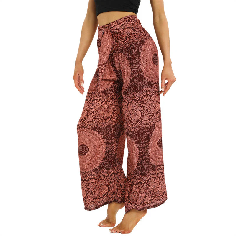 Buddha Stones Boho Lace-up Wide Leg Pants Women's Yoga Pants