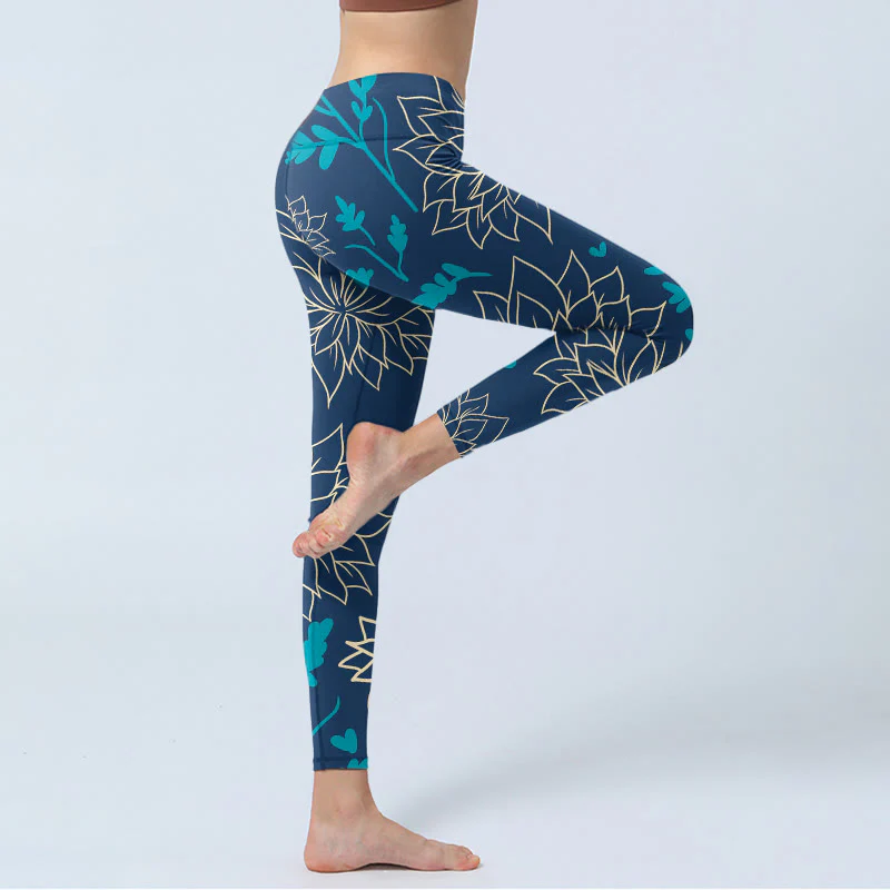 Buddha Stones Beige Flowers Blue Leaves Print Gym Leggings Women's Yoga Pants
