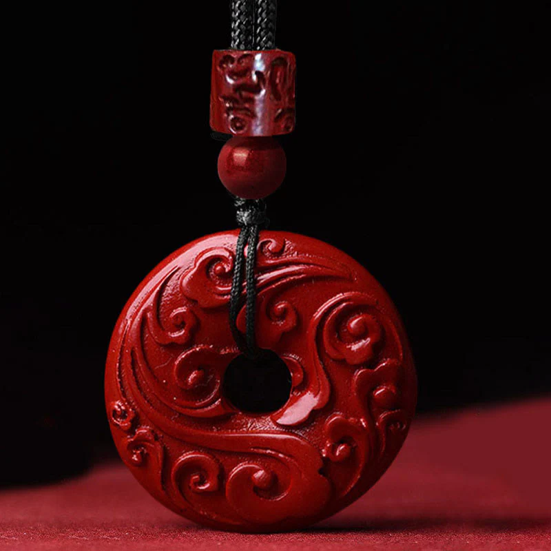 Buddha Stones Natural Cinnabar Lotus Peace Buckle Blessing Necklace String Pendant
