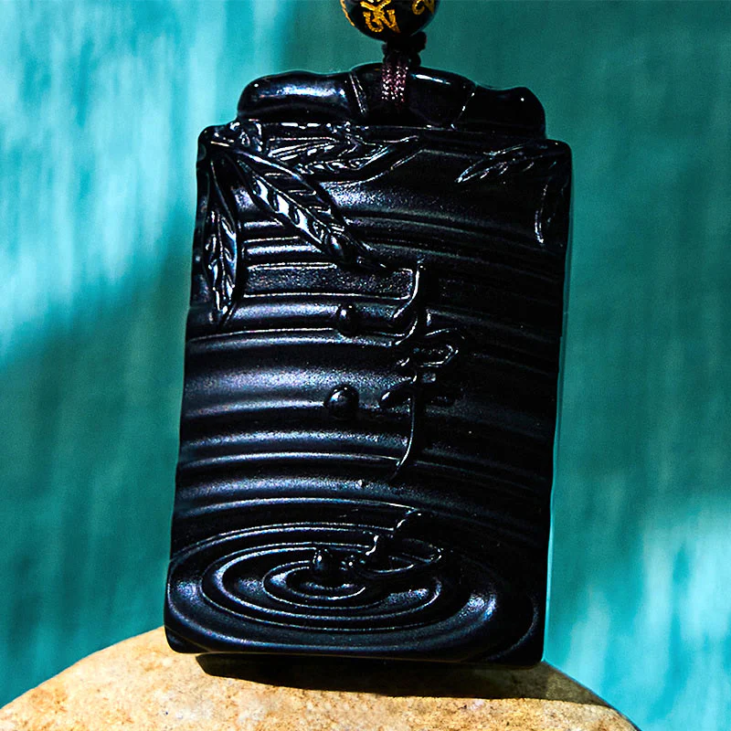 Buddha Stones Natural Black Obsidian Bamboo Fulfillment Necklace Pendant