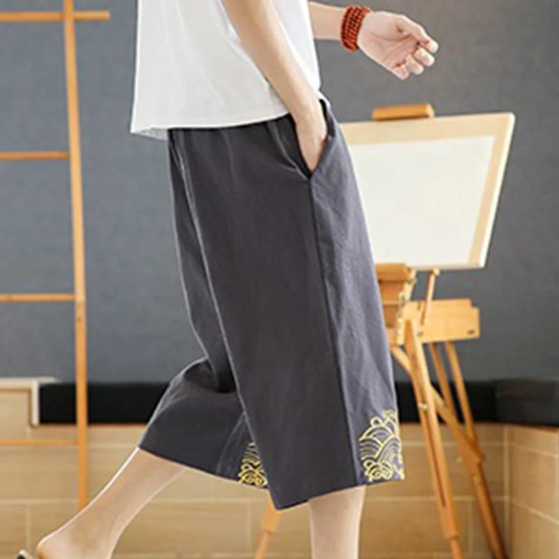 Buddha Stones Spring Casual Embroidery Drawstring Men's 7-8 Length Cotton Linen Harem Pants With Pockets