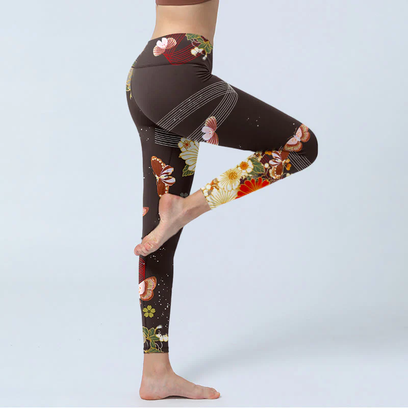 Buddha Stones Floral Butterfly Pattern Print Gym Leggings Women's Yoga Pants