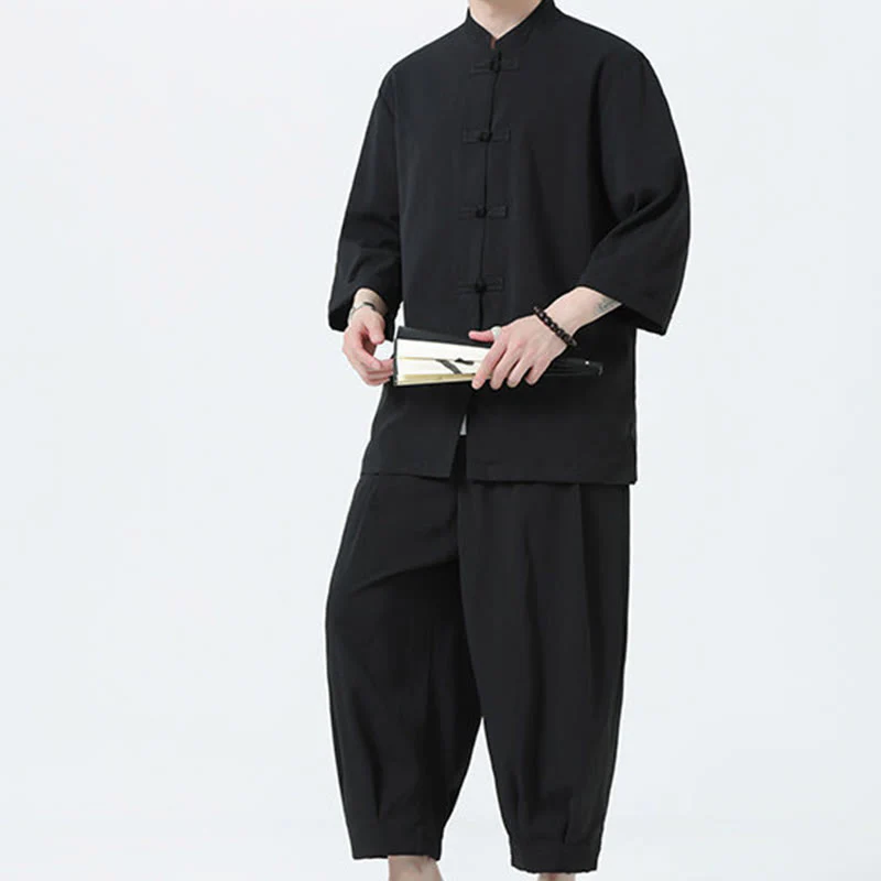 Buddha Stones 2Pcs Solid Frog-Button Three Quarter Sleeve Shirt Pants Men's Set