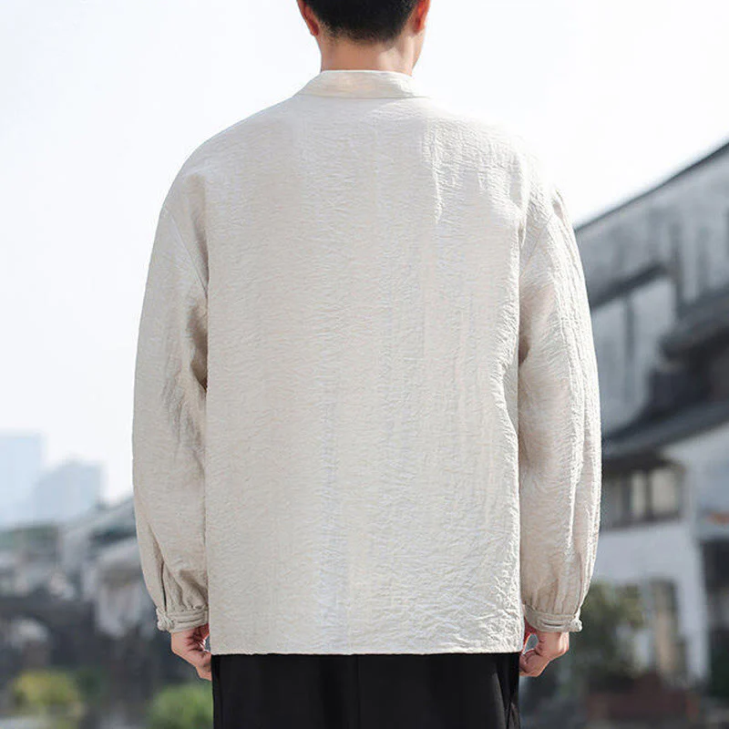 Buddha Stones Two Frog-Button Stand Collar Long Sleeve Men's Cotton Shirt