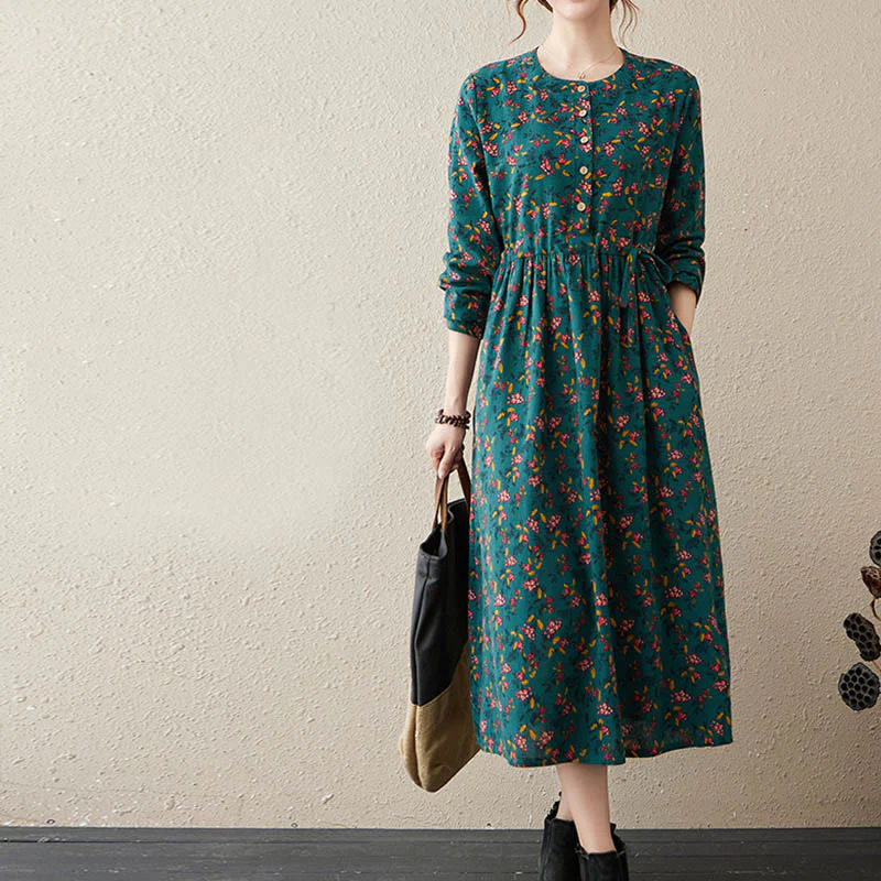 Buddha Stones Casual Ethnic Printing Floral Buttons Design Cotton Linen Midi Dress With Pockets