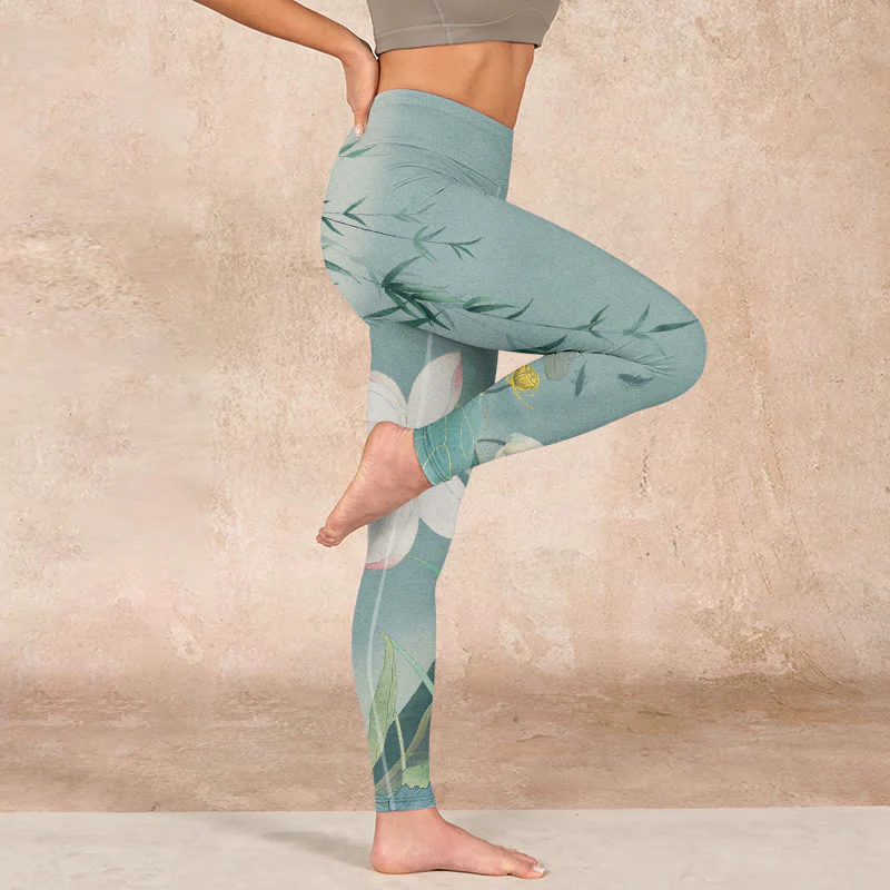 Buddha Stones Lotus Leaf Bird Print Gym Leggings Women's Yoga Pants