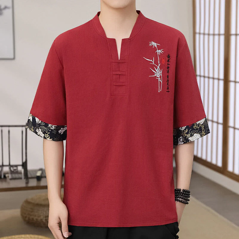 Buddha Stones Summer Embroidery Bamboo Pattern Patchwork Design Men's Half Sleeve Cotton Linen T-Shirt