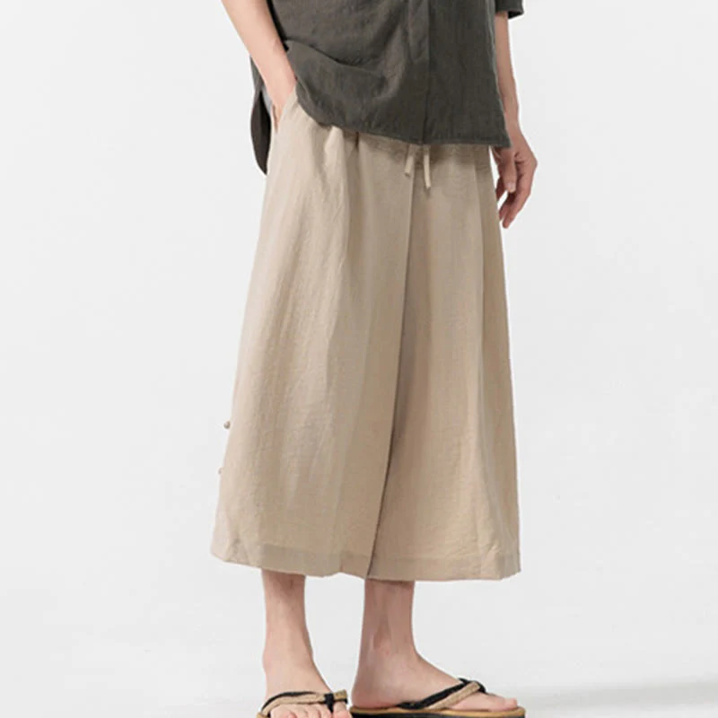 Buddha Stones Casual Loose Frog-Button Plain Men's Cotton 7-8 Length Wide Leg Pants With Pockets