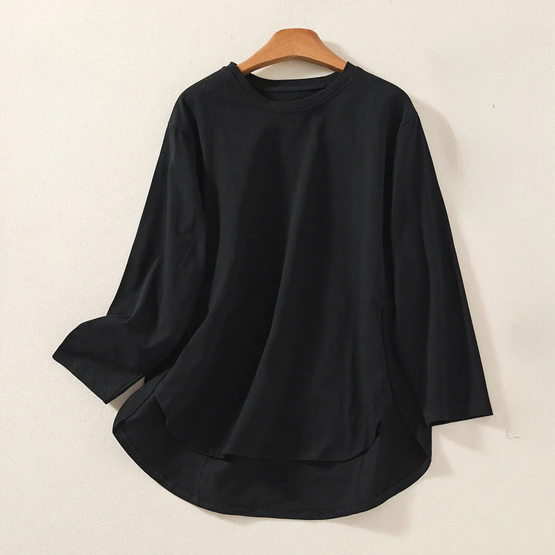 Buddha Stones Casual Pure Irregular Hem Cotton Linen Women's Long Sleeve T-shirt