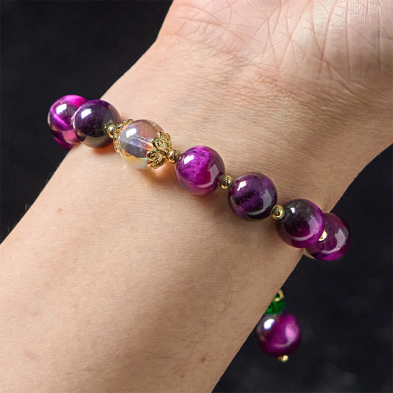 Buddha Stones Natural Red Tiger Eye Purple Tiger Eye Beads Green Leaf Protection Bracelet