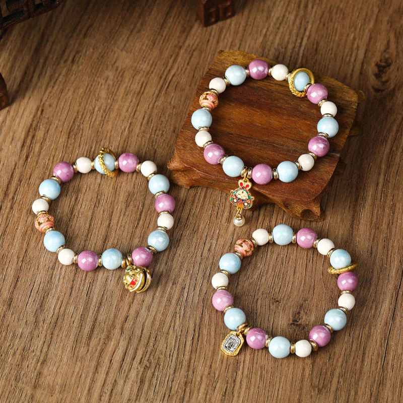 Buddha Stones Tibetan Zakiram Goddess of Wealth Rabbit Lion Head Charm Liuli Glass Incense Ash Porcelain Bead Protection Bracelet