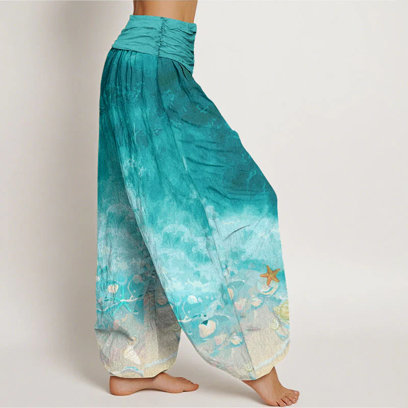 Buddha Stones Vast Ocean Pattern Women's Elastic Waist Harem Pants