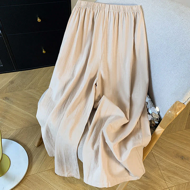 Buddha Stones Casual Beige Embroidery Women's Wide Leg Cotton Linen Pants With Pockets