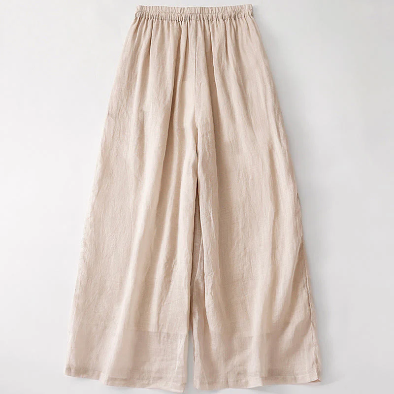 Buddha Stones Casual Flower Embroidery Women's Cotton Linen Elastic Waist  Wide Leg Pants With Pockets