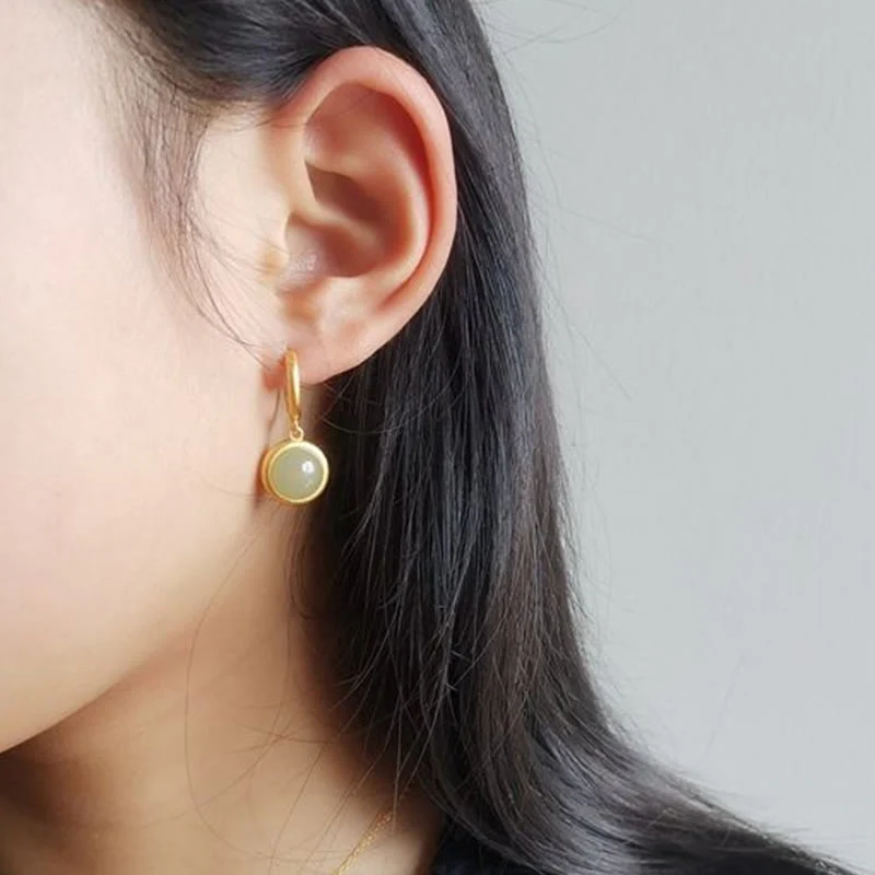 Buddha Stones 925 Sterling Silver White Jade Agate Prosperity Earrings