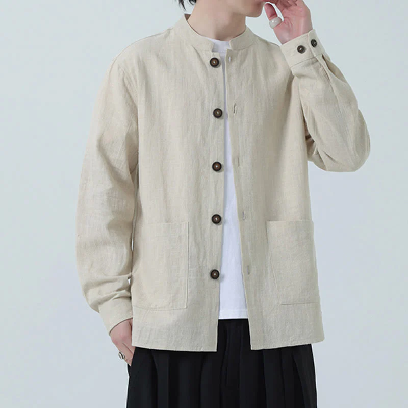 Buddha Stones Men's Button Ramie Linen Cotton Fleece Lined Jacket Shirt With Pockets