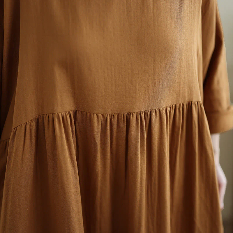 Buddha Stones Fall Hoodie Design Long Sleeve Cotton Linen Midi Dress With Pockets