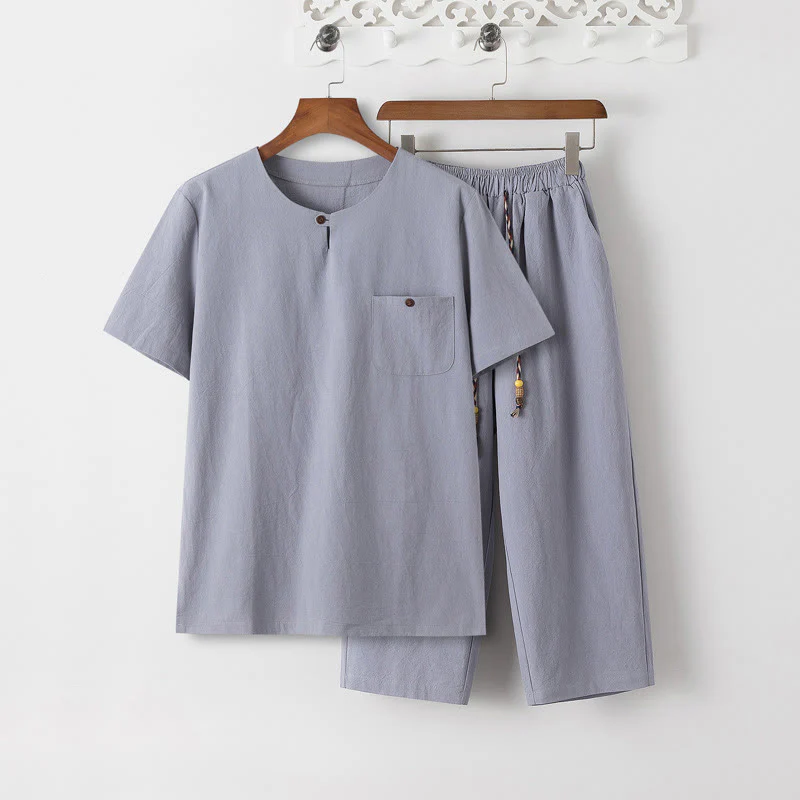 Buddha Stones Summer 2Pcs Plain Crew Neck T-Shirt Drawstring 7-8 Length Pants Cotton Linen Tang Suit Men's Meditation Cloth Set With Pockets