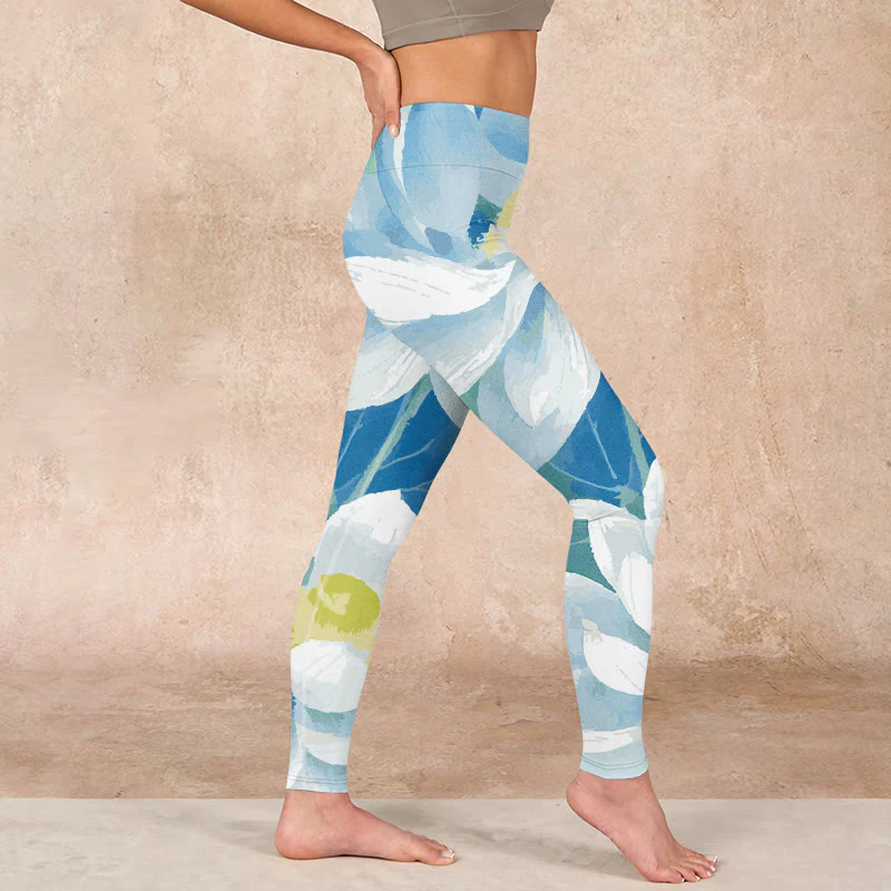 Buddha Stones Blue White Lotus Print Gym Leggings Women's Yoga Pants