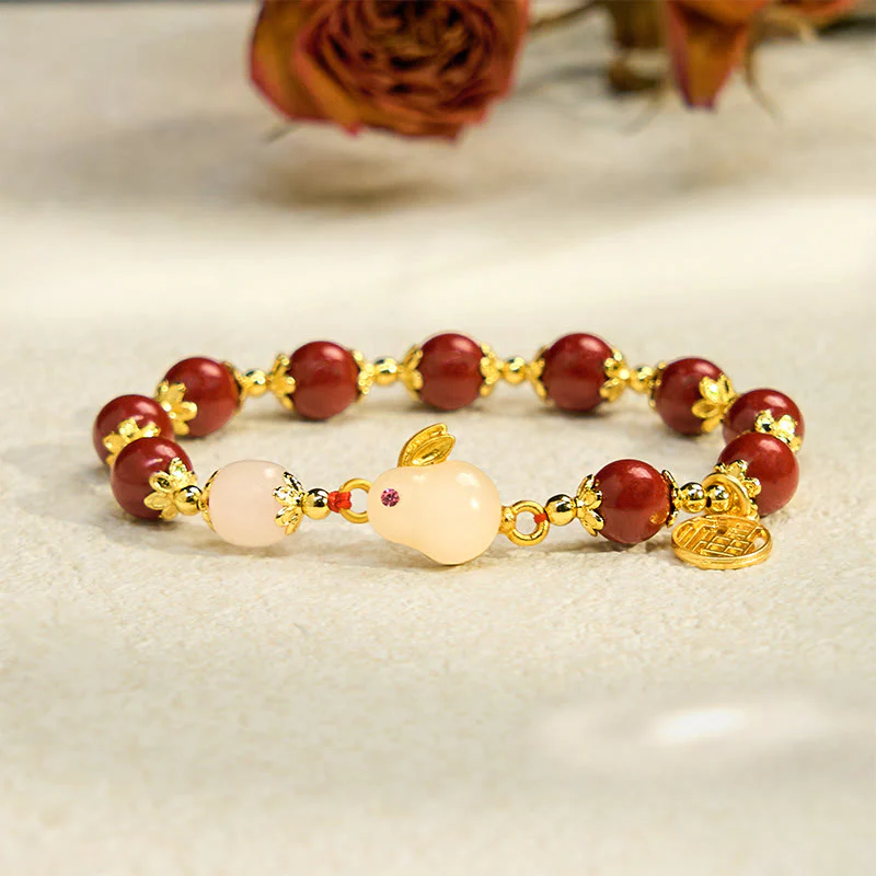 Buddha Stones Cinnabar Cute Rabbit Bunny Fu Character Charm Blessing Bracelet