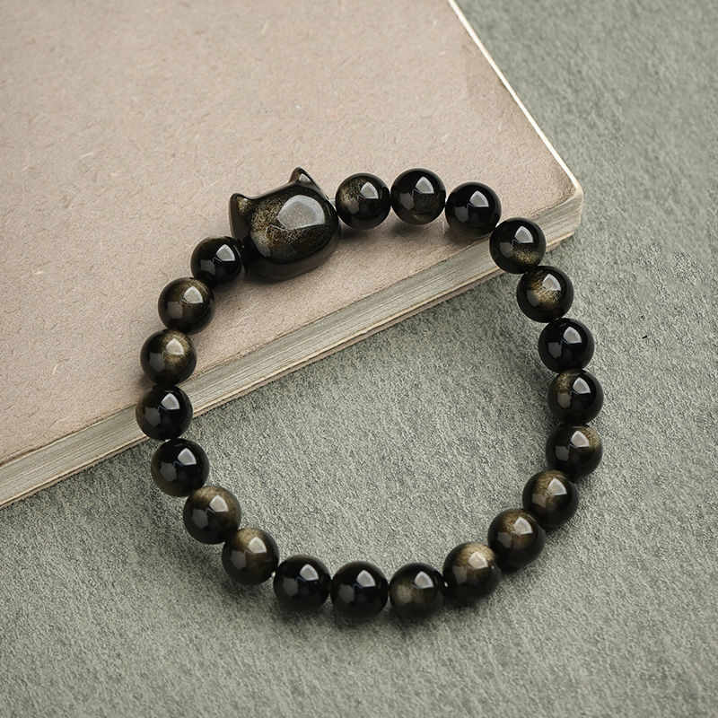 Buddha Stones Gold Sheen Obsidian Silver Sheen Obsidian Lovely Paw Lucky Cat Protection Bracelet