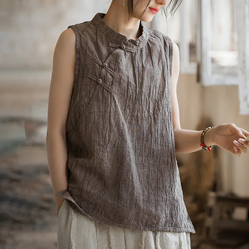 Buddha Stones Summer Tie-dye Frog-Button Ramie Cotton Sleeveless Women's Vest