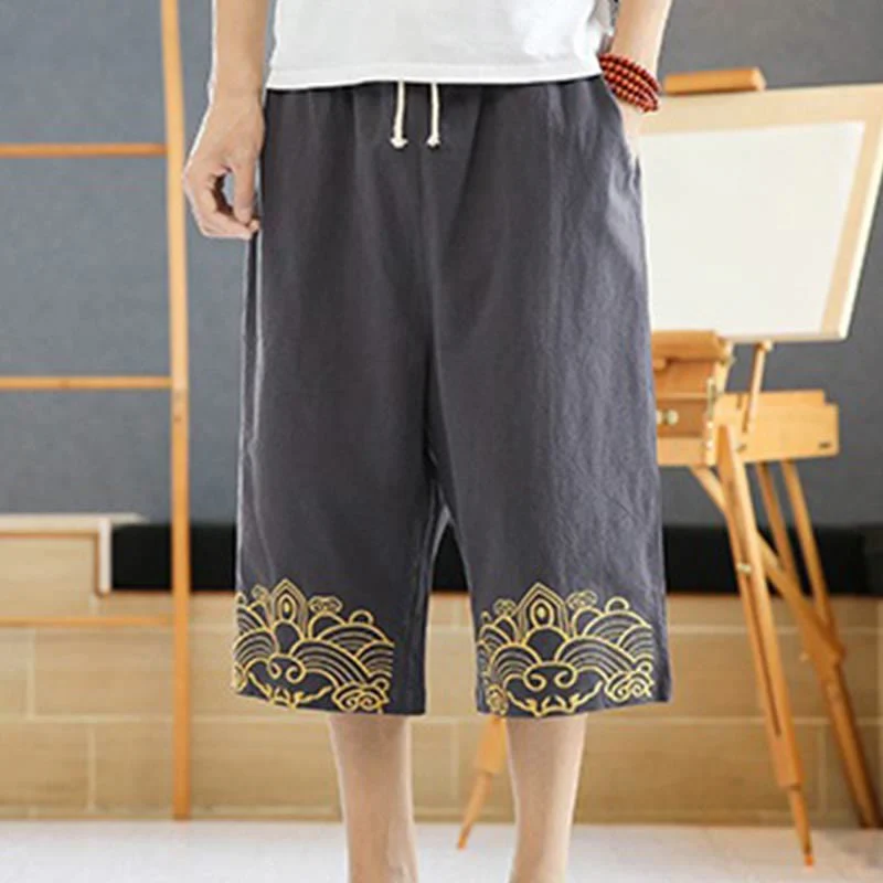 Buddha Stones Spring Casual Embroidery Drawstring Men's 7-8 Length Cotton Linen Harem Pants With Pockets