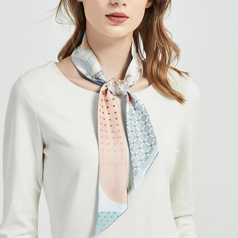 Buddha Stones Dunhuang Frescoes Mountains Sunset Floral Pattern 100% Mulberry Twilly Silk Neck Hair Scarf