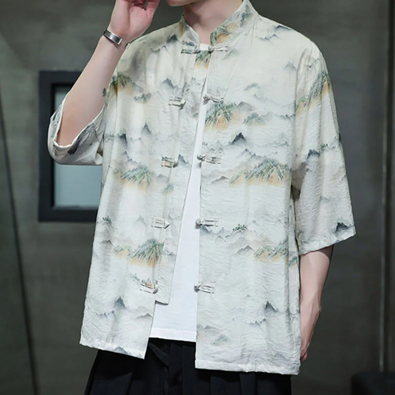 Buddha Stones Ink Painting Mountains Chinese Frog-Button Tang Suit Men's Half Sleeve Cotton Linen Shirt
