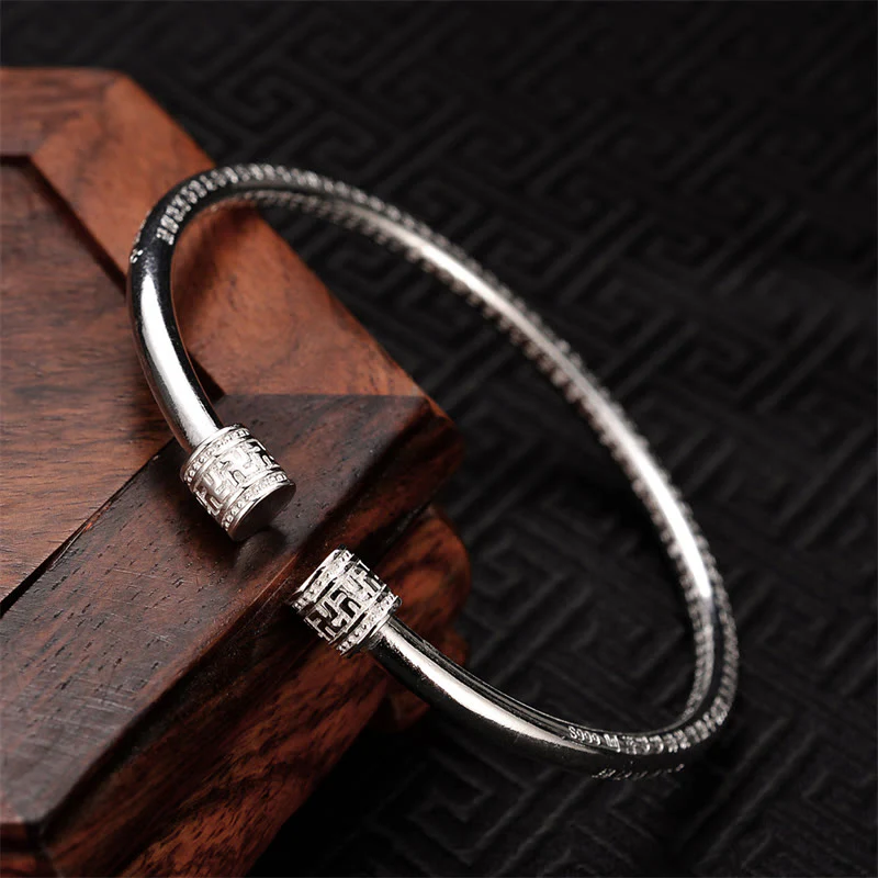 Buddha Stones Heart Sutra Engraved Swastika Pattern Luck White Copper Bracelet Bangle