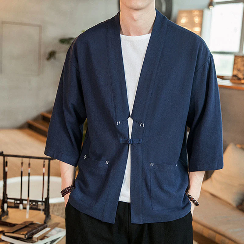 Buddha Stones Solid Color Chinese Frog-Button Open Front Jacket Cotton Linen Men's Kimono