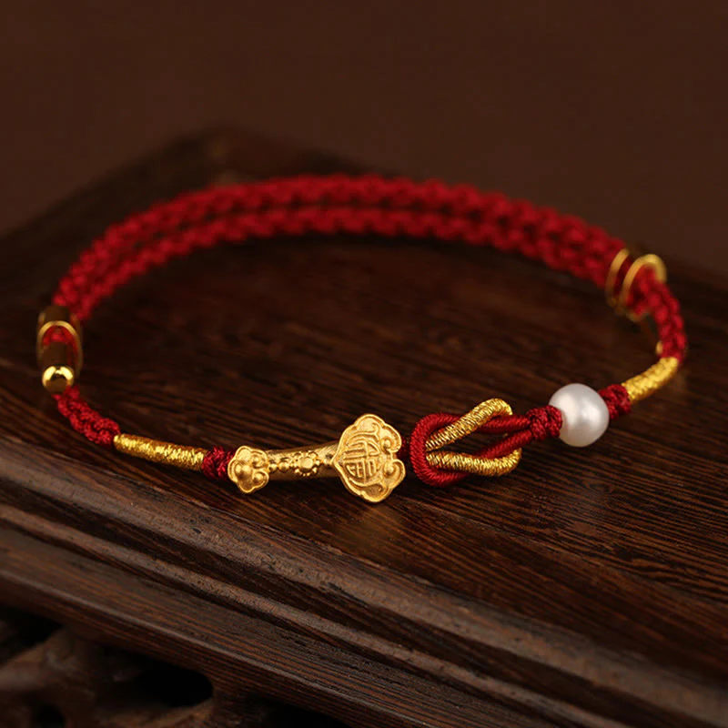 Buddha Stones 24K Gold Wish Ruyi Handle Fu Character Rabbit Pearl Luck Braided Bracelet