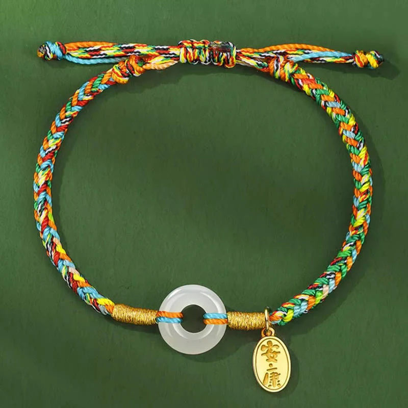 Buddha Stones Handmade Peace Buckle Jade Prosperity 925 Sterling Silver Colorful Rope Bracelet