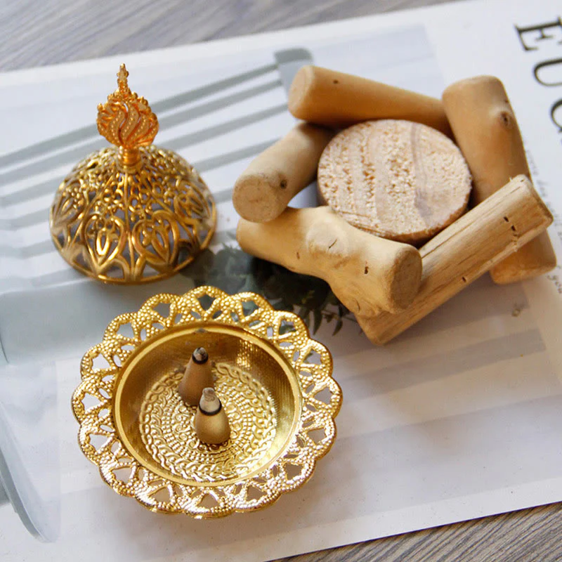 Buddha Stones Gold Alloy Healing Mini Incense Burner With Wooden Coaster Home Decor