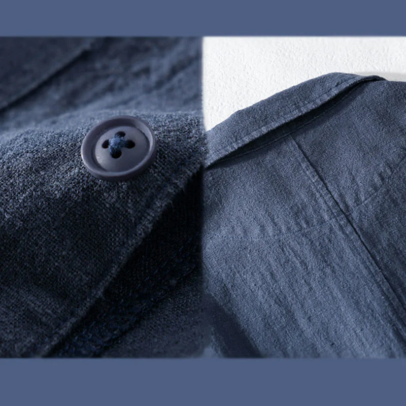 Buddha Stones Commute Men's Plain Buttons Design Cotton Linen Long Sleeve Shirt With Pockets